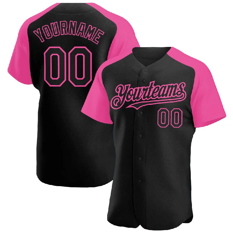 Baseball Jersey for Soft Feel and Flexible Play-Custom Black Pink Authentic Raglan Sleeves Baseball Jersey