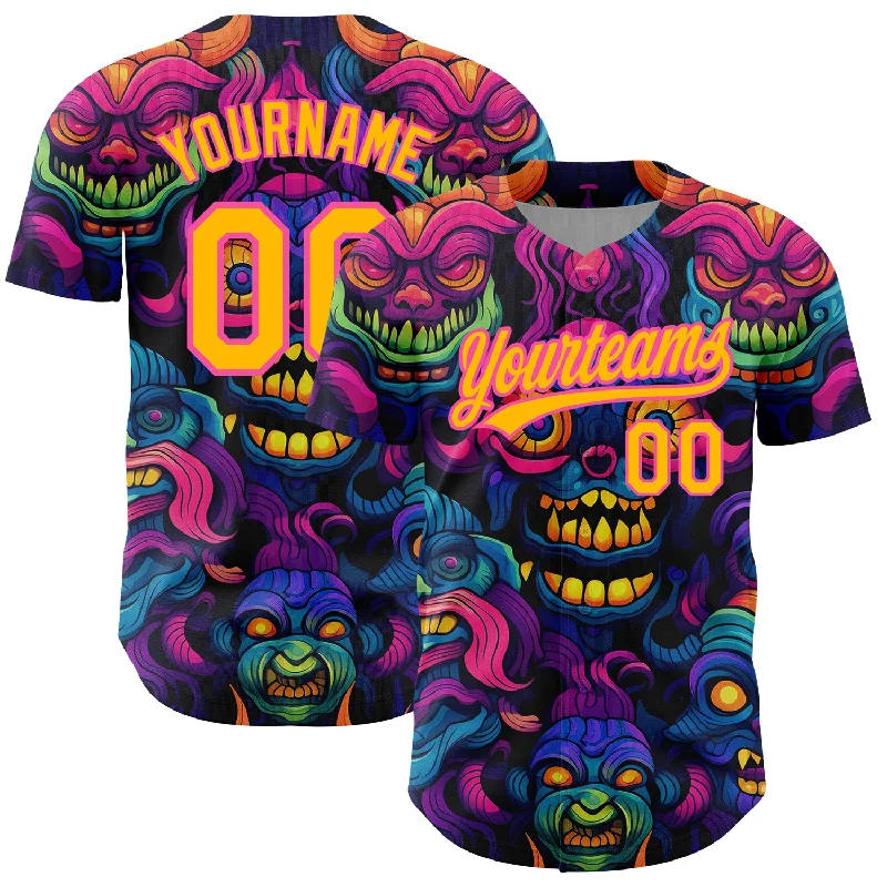 Baseball Jersey for Soft, Comfortable Wear-Custom Black Gold-Pink 3D Pattern Design Abstract Monsters Authentic Baseball Jersey