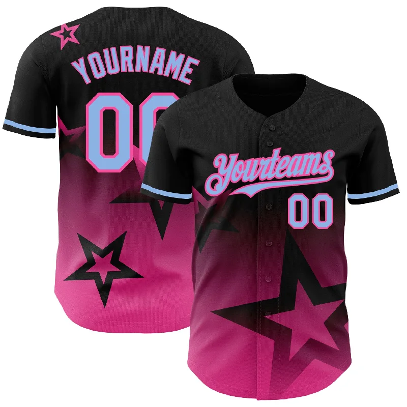 Baseball Jersey for Maximum Flexibility During Batting-Custom Black Light Blue-Pink 3D Pattern Design Gradient Style Twinkle Star Authentic Baseball Jersey