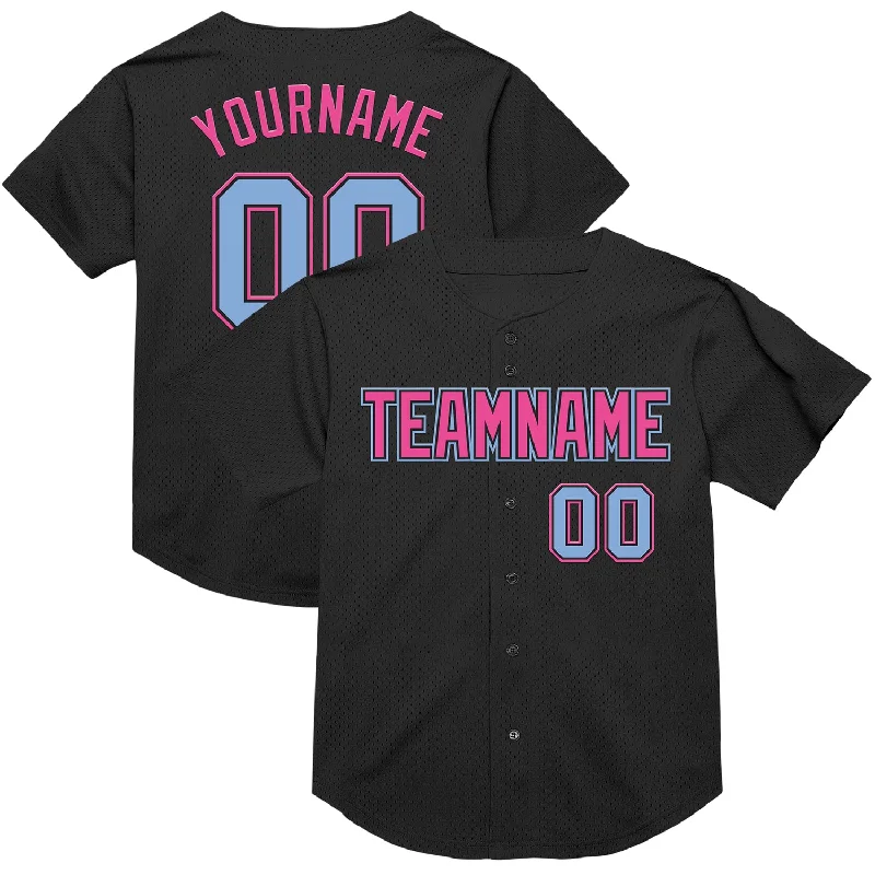 Baseball Jersey for Pro-Style Look and Feel-Custom Black Light Blue-Pink Mesh Authentic Throwback Baseball Jersey