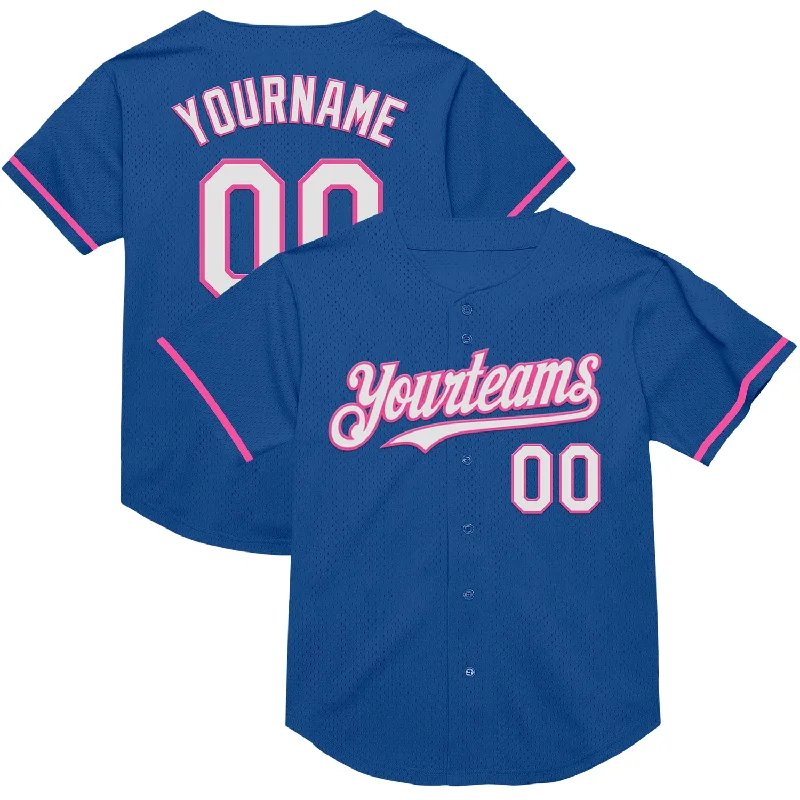 Baseball Jersey with Reinforced Seams for Extra Durability-Custom Blue White-Pink Mesh Authentic Throwback Baseball Jersey