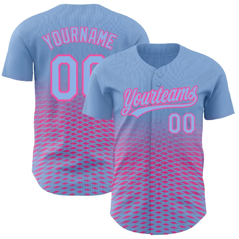 Baseball Jersey for Comfortable Swinging-Custom Light Blue Pink 3D Pattern Design Gradient Lines Authentic Baseball Jersey