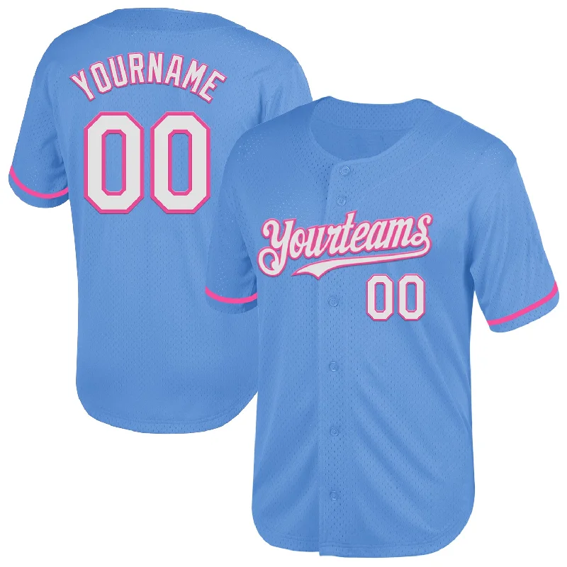 Baseball Jersey for Maximum Performance and Protection-Custom Light Blue White-Pink Mesh Authentic Throwback Baseball Jersey