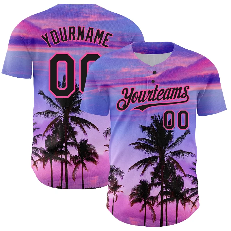 Baseball Jersey for Great Swing Freedom and Movement-Custom Purple Black-Pink 3D Pattern Design Hawaii Palm Trees Authentic Baseball Jersey