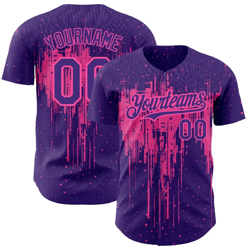 Baseball Jersey with Reinforced Seams for Durability-Custom Purple Pink 3D Pattern Design Dripping Splatter Art Authentic Baseball Jersey