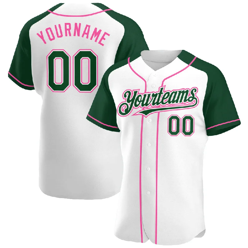 Baseball Jersey for Cool and Comfortable Play-Custom White Green-Pink Authentic Raglan Sleeves Baseball Jersey