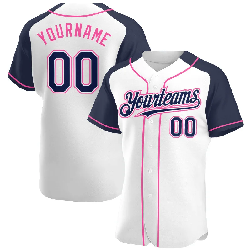 Baseball Jersey for Pro-Level Performance-Custom White Navy-Pink Authentic Raglan Sleeves Baseball Jersey