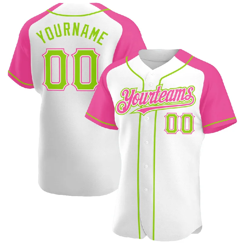 Baseball Jersey with Reinforced Seams for Durability-Custom White Neon Green-Pink Authentic Raglan Sleeves Baseball Jersey