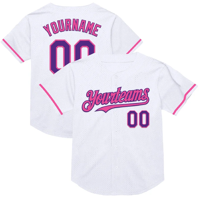 Baseball Jersey with Performance Features for Play-Custom White Purple-Pink Mesh Authentic Throwback Baseball Jersey