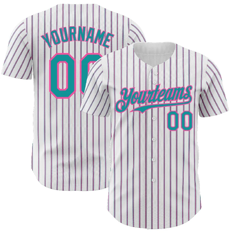 Best Baseball Jersey for Hot Weather-Custom White (Teal Pink Pinstripe) Teal-Pink Authentic Baseball Jersey