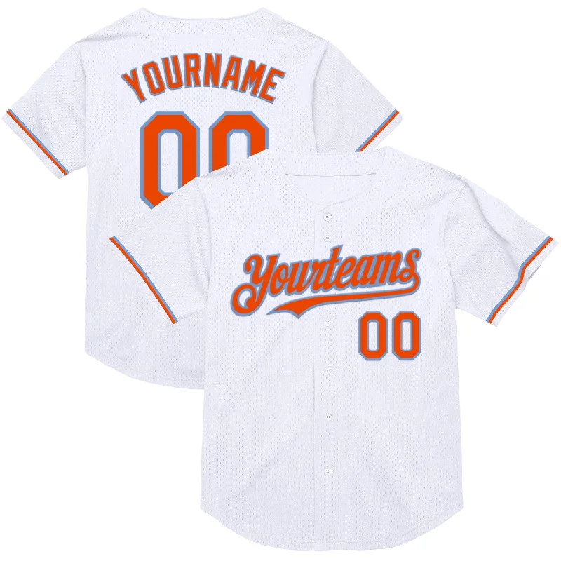 Baseball Jersey for Best Performance in Warm Weather-Custom White Orange-Powder Blue Mesh Authentic Throwback Baseball Jersey