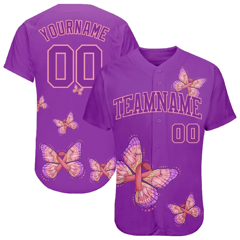 Baseball Jersey with Anti-Odor Technology-Custom 3D Pink Ribbon With Butterfly Wings Breast Cancer Awareness Month Women Health Care Support Authentic Baseball Jersey