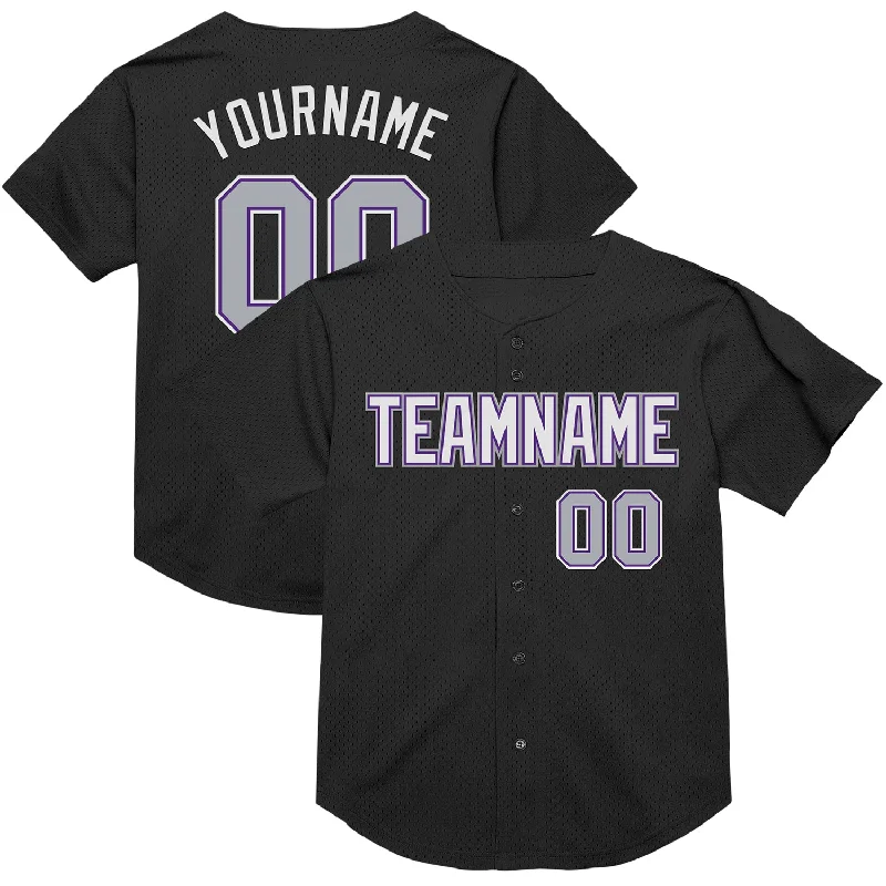 Baseball Jersey for Easy Fit and Quick Movement-Custom Black Gray-Purple Mesh Authentic Throwback Baseball Jersey