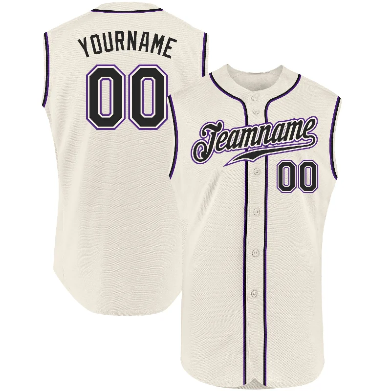 Baseball Jersey for Soft and Breathable Fit-Custom Cream Black-Purple Authentic Sleeveless Baseball Jersey