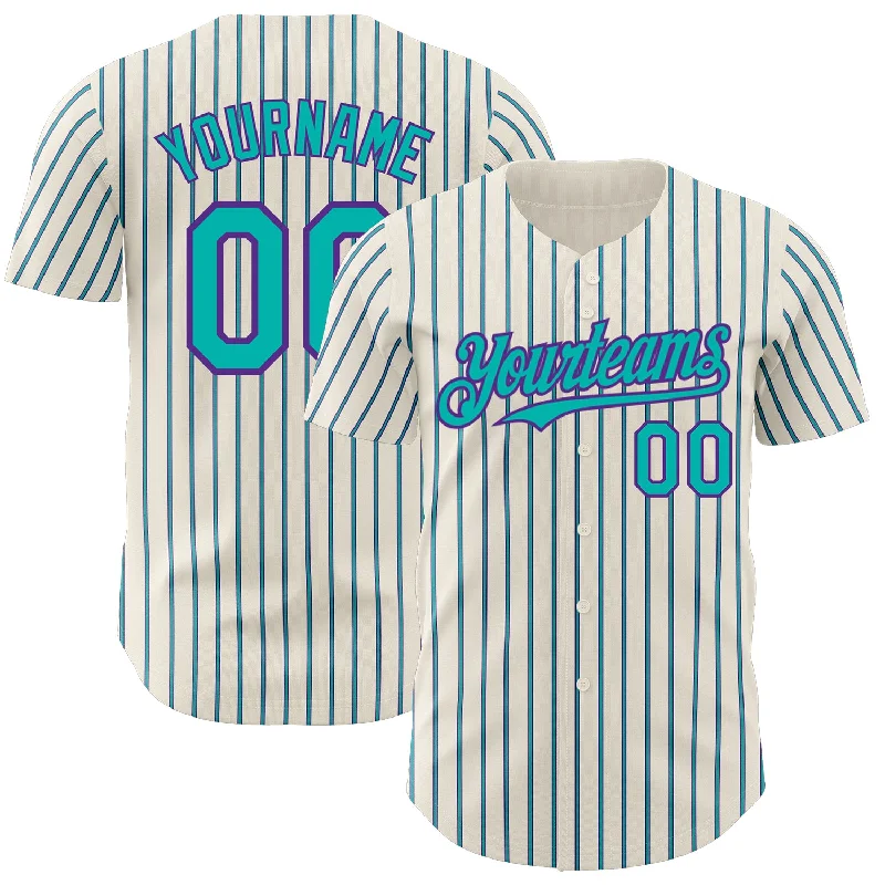 Baseball Jersey for Great Movement During Batting-Custom Cream (Purple Aqua Pinstripe) Aqua-Purple Authentic Baseball Jersey