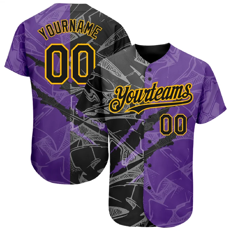 Baseball Jersey for Durable Performance in Tough Games-Custom Graffiti Pattern Black Purple-Gold 3D Scratch Authentic Baseball Jersey