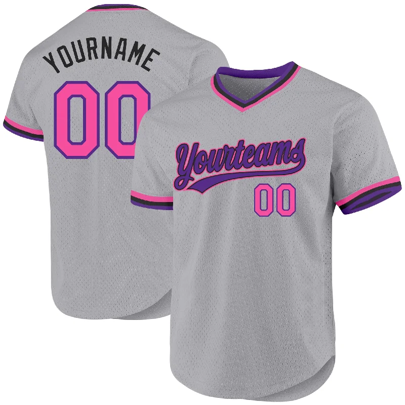 Baseball Jersey for Youth League Games-Custom Gray Pink Purple-Black Authentic Throwback Baseball Jersey