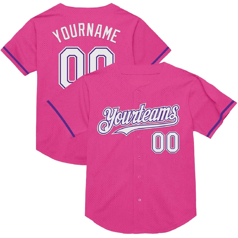 Baseball Jersey for Fast Play and Quick Movement-Custom Pink White-Purple Mesh Authentic Throwback Baseball Jersey