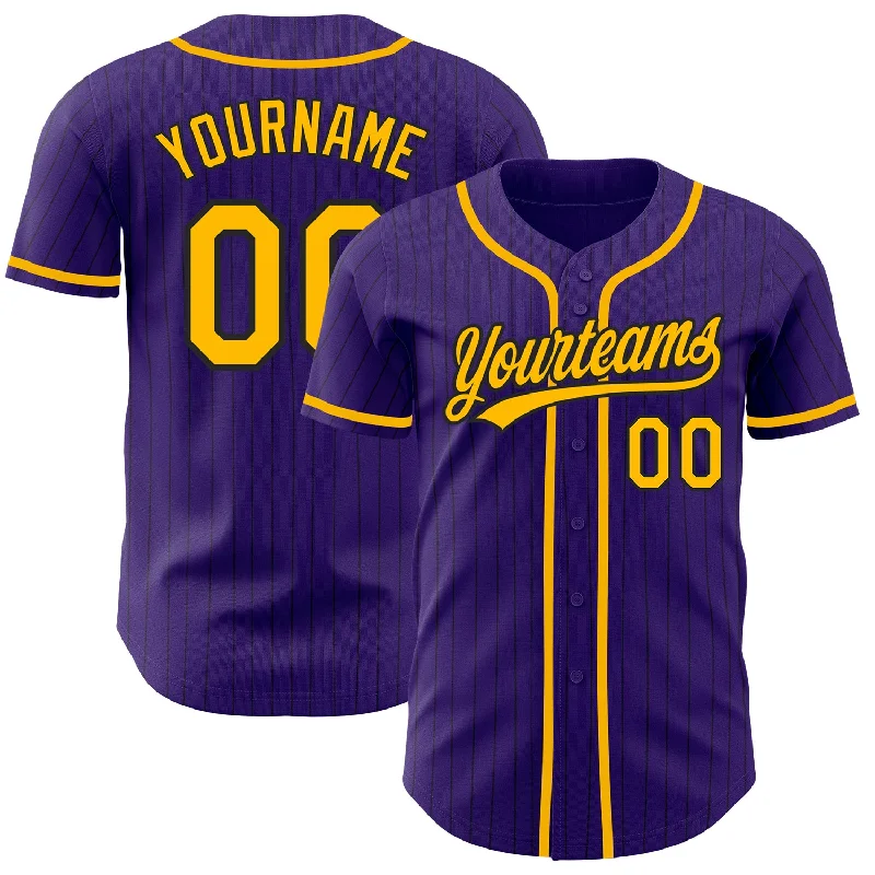 Baseball Jersey for Comfortable Wear Throughout the Day-Custom Purple Black Pinstripe Gold Authentic Baseball Jersey