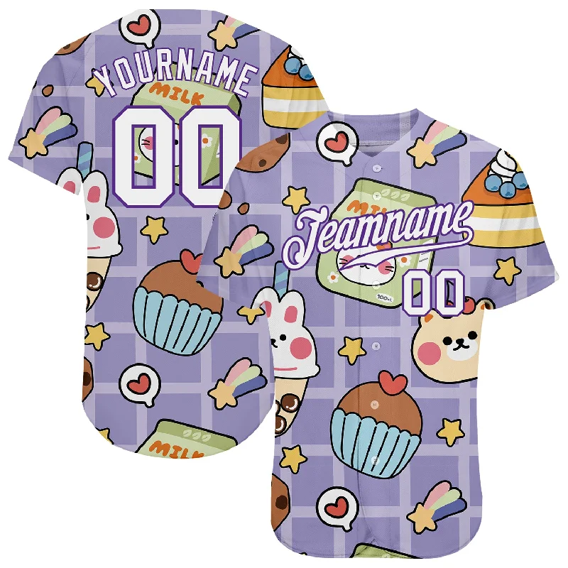 Baseball Jersey for Flexibility and Support During Play-Custom Purple White-Purple 3D Pattern Design Sticker Cartoons Authentic Baseball Jersey