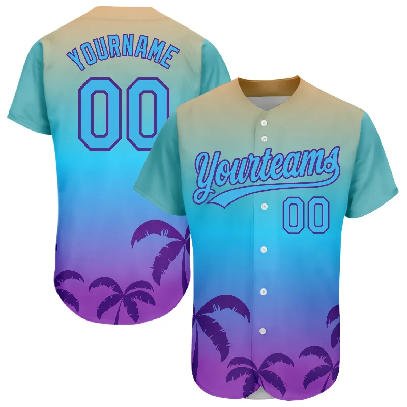 Baseball Jersey with Adjustable Fit for All Sizes-Custom Sky Blue Purple 3D Pattern Design Hawaii Palm Trees Authentic Baseball Jersey