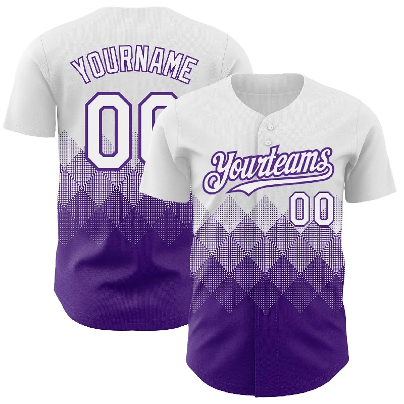 Baseball Jersey for Great Swing Freedom and Movement-Custom White Purple 3D Pattern Design Gradient Square Shapes Authentic Baseball Jersey