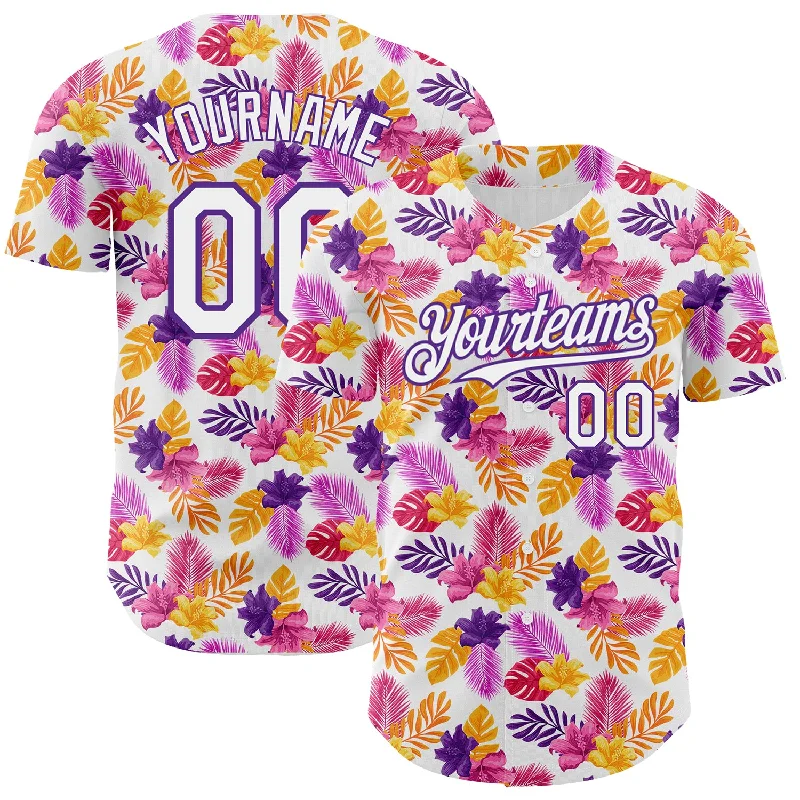 Baseball Jersey with Durable Outer Layer for Protection-Custom White Purple 3D Pattern Design Tropical Flower And Hawaii Palm Leaves Authentic Baseball Jersey