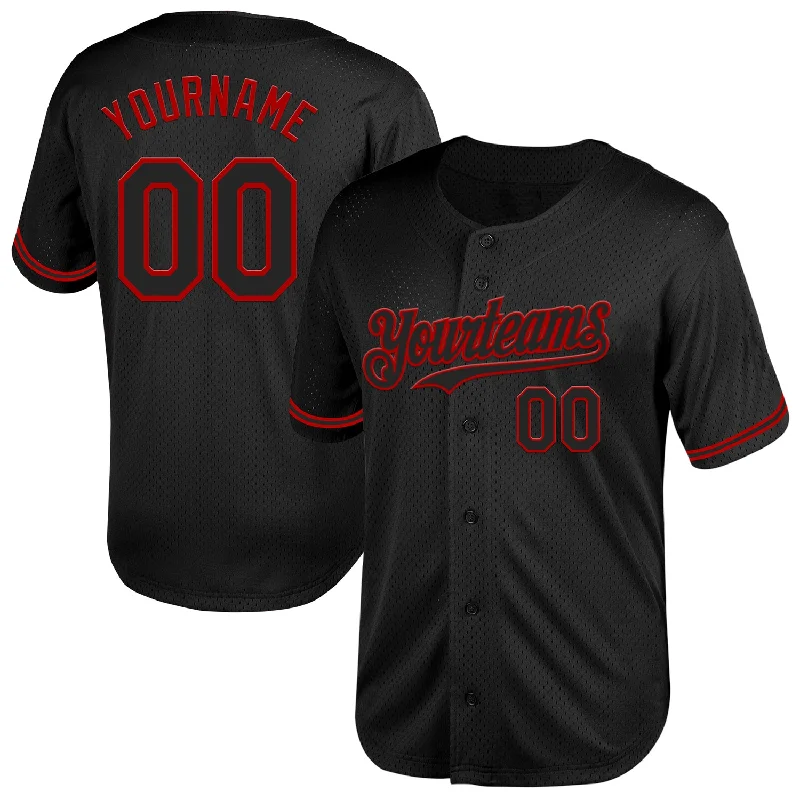 Baseball Jersey for Professional Use and Casual Wear-Custom Black Red Mesh Authentic Throwback Baseball Jersey