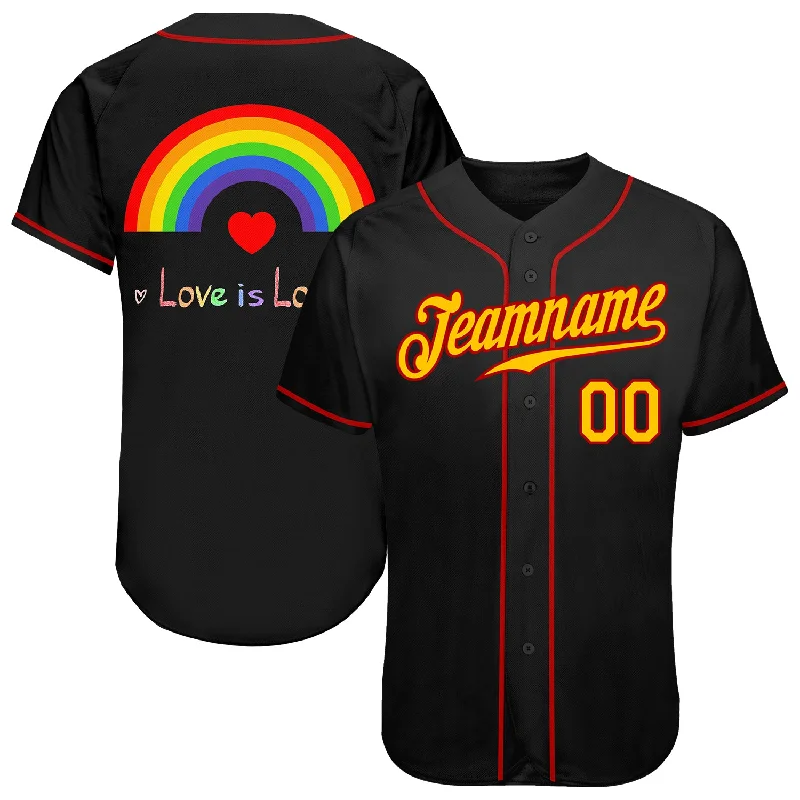 Baseball Jersey for Tough Training and Intense Games-Custom Black Gold-Red Rainbow For Pride Month Love Is Love LGBT Authentic Baseball Jersey