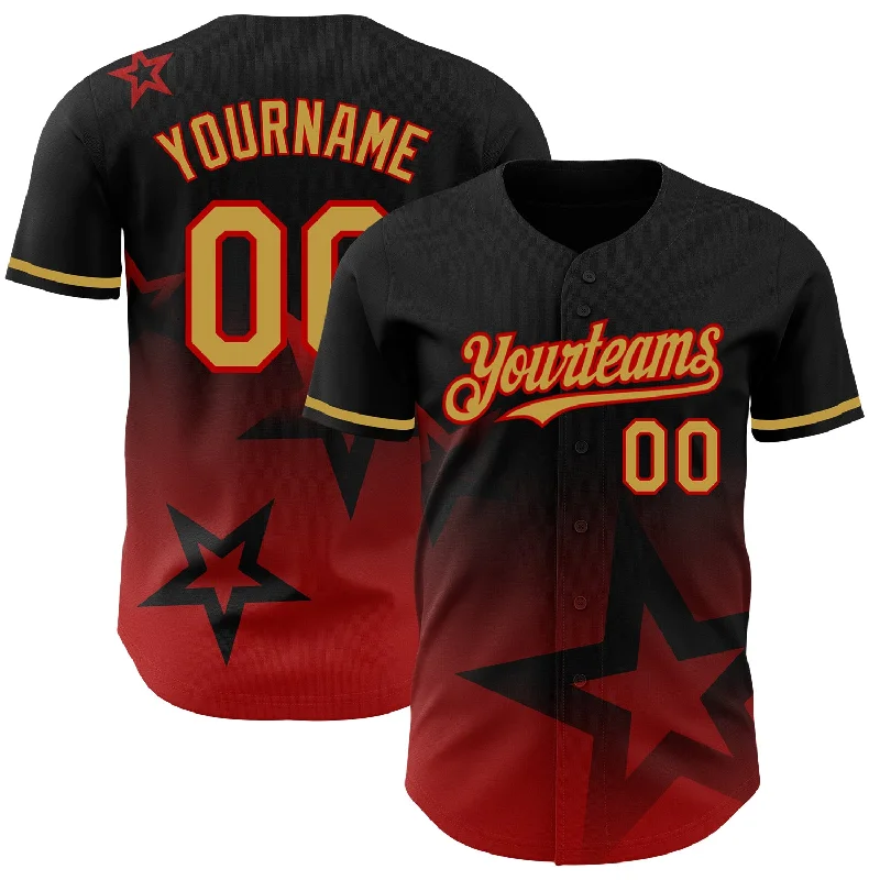 Baseball Jersey for Maximum Comfort in Hot Weather-Custom Black Old Gold-Red 3D Pattern Design Gradient Style Twinkle Star Authentic Baseball Jersey