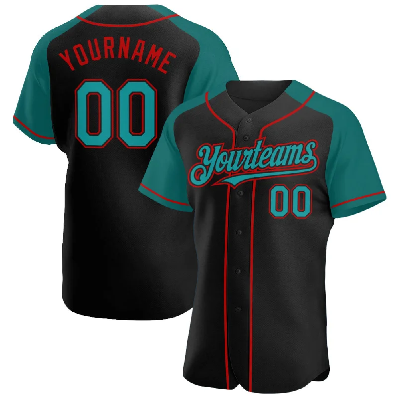 Baseball Jersey with Moisture Control-Custom Black Teal-Red Authentic Raglan Sleeves Baseball Jersey