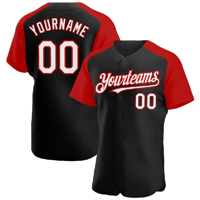 Baseball Jersey with Stretch Panels for Flexibility-Custom Black White-Red Authentic Raglan Sleeves Baseball Jersey