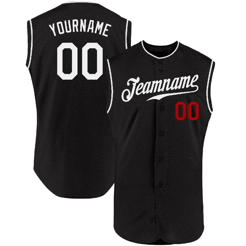 Baseball Jersey with Reinforced Seams for Extra Durability-Custom Black White-Red Authentic Sleeveless Baseball Jersey