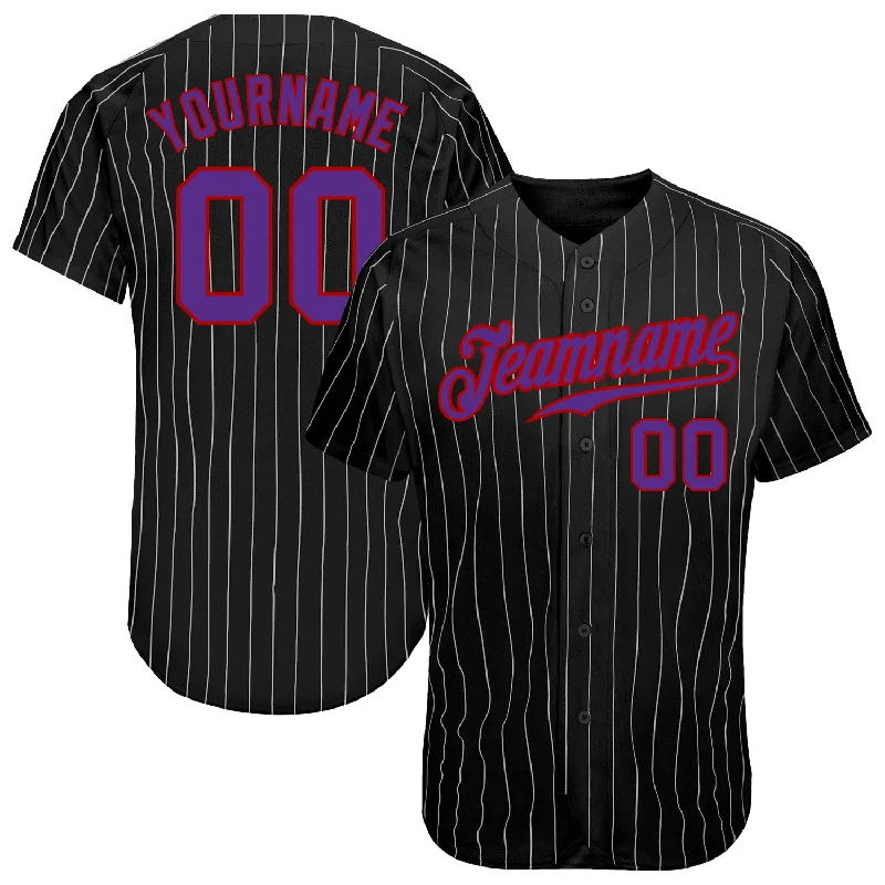 Baseball Jersey for Comfortable Swinging and Batting-Custom Black Gray Pinstripe Purple-Red Authentic Baseball Jersey