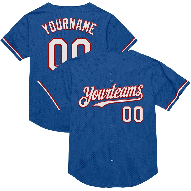 Baseball Jersey for Great Movement During Batting-Custom Blue White-Red Mesh Authentic Throwback Baseball Jersey