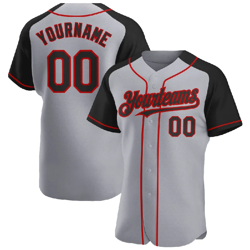 Baseball Jersey with Moisture Control for Comfort-Custom Gray Black-Red Authentic Raglan Sleeves Baseball Jersey