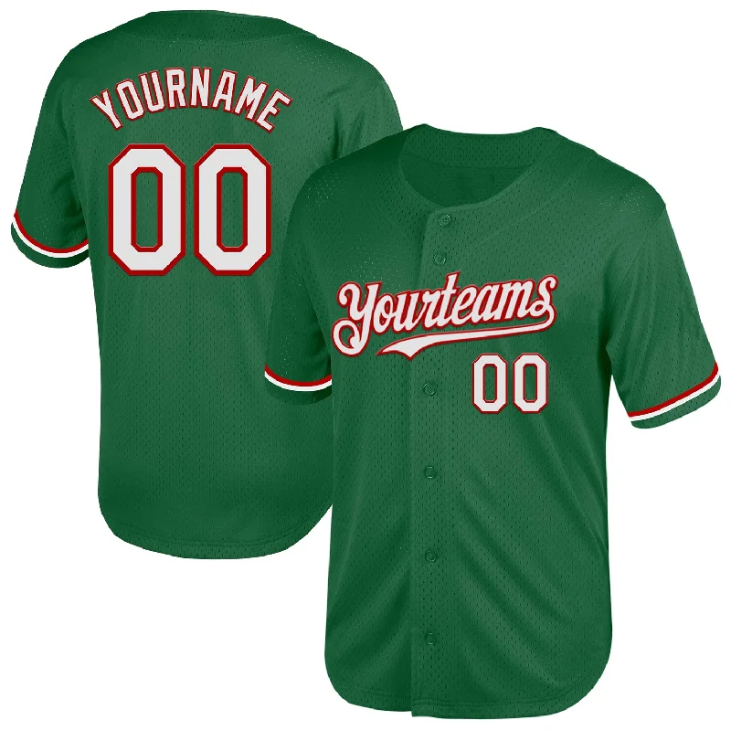 Baseball Jersey with Customizable Features for Teams-Custom Kelly Green White-Red Mesh Authentic Throwback Baseball Jersey