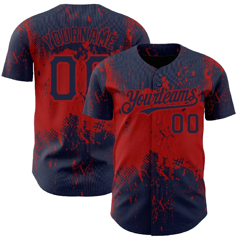 Baseball Jersey with Customizable Features-Custom Navy Red 3D Pattern Design Abstract Splatter Grunge Art Authentic Baseball Jersey