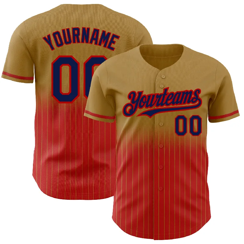 Baseball Jersey for High-Endurance Play-Custom Old Gold Pinstripe Navy-Red Authentic Fade Fashion Baseball Jersey