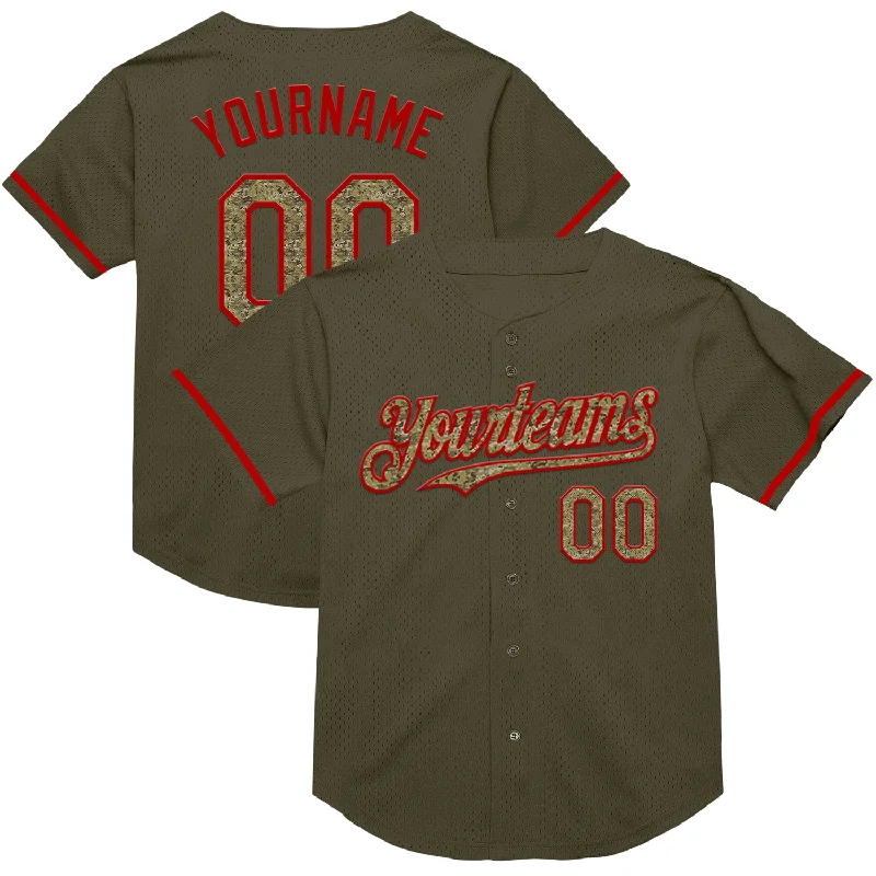 Baseball Jersey for Optimal Comfort in Tournaments-Custom Olive Camo-Red Mesh Authentic Throwback Salute To Service Baseball Jersey