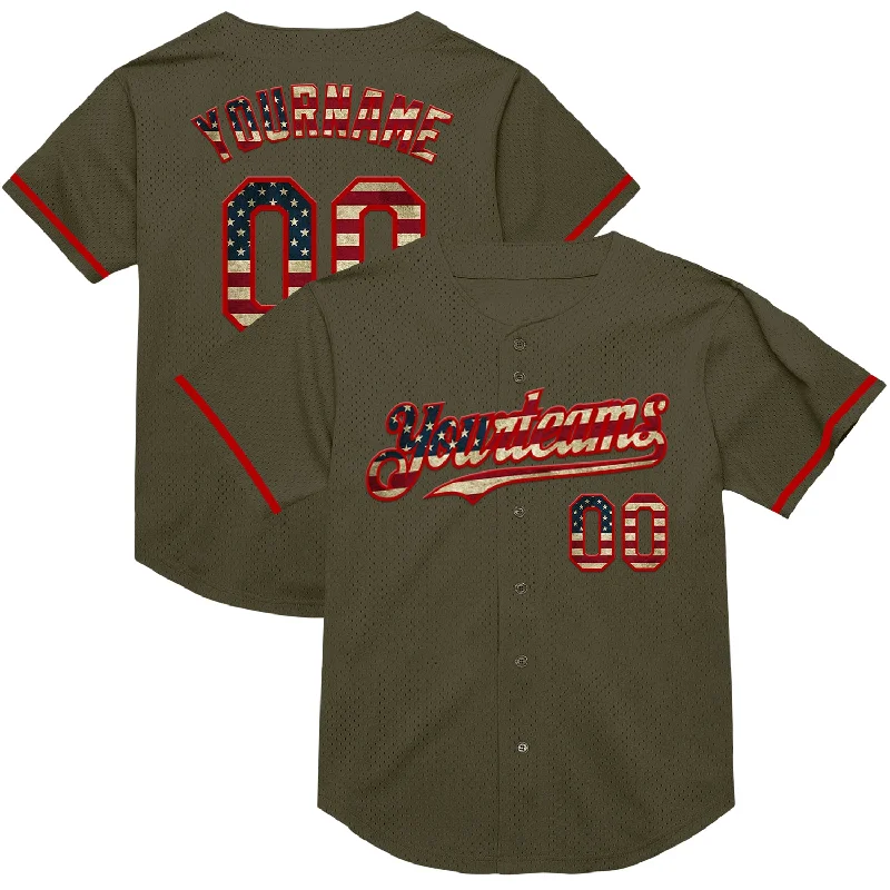 Baseball Jersey for Team Spirit and Performance-Custom Olive Vintage USA Flag-Red Mesh Authentic Throwback Salute To Service Baseball Jersey