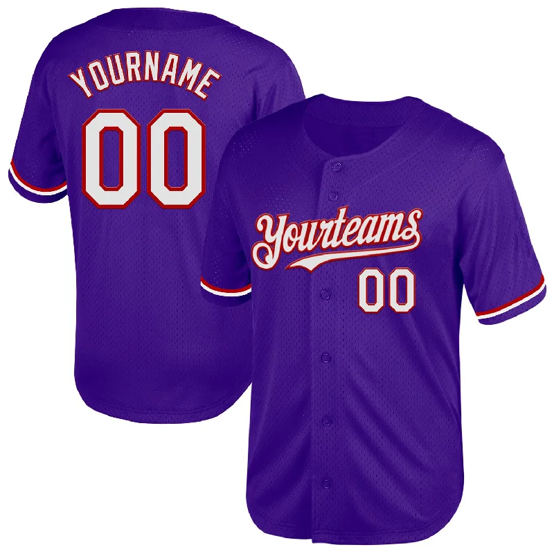 Baseball Jersey for Warm Weather and Summer Play-Custom Purple White-Red Mesh Authentic Throwback Baseball Jersey