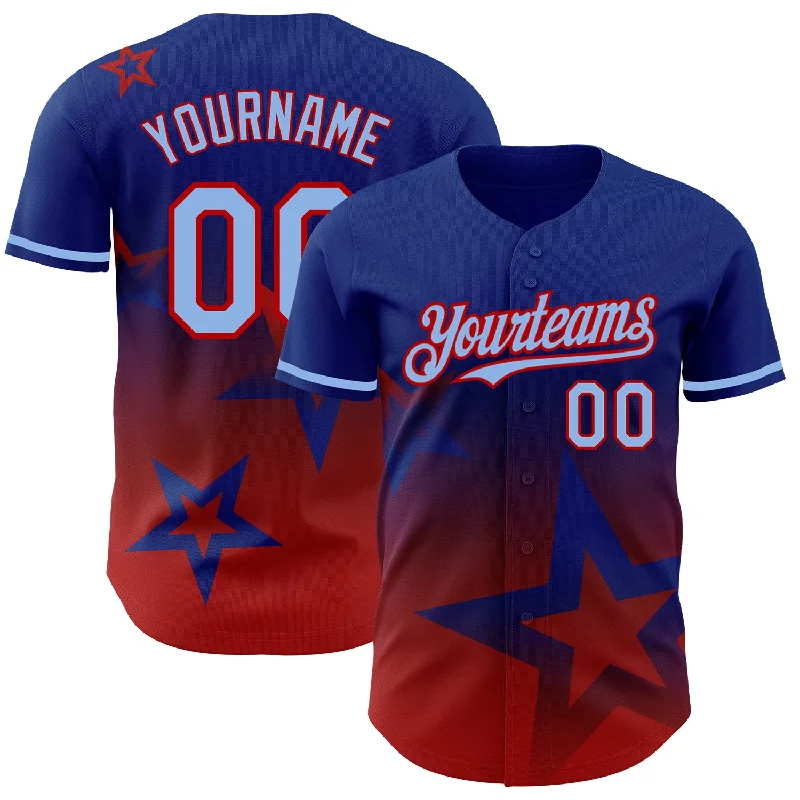 Baseball Jersey for Cooling Effect During High-Intensity Play-Custom Royal Light Blue-Red 3D Pattern Design Gradient Style Twinkle Star Authentic Baseball Jersey