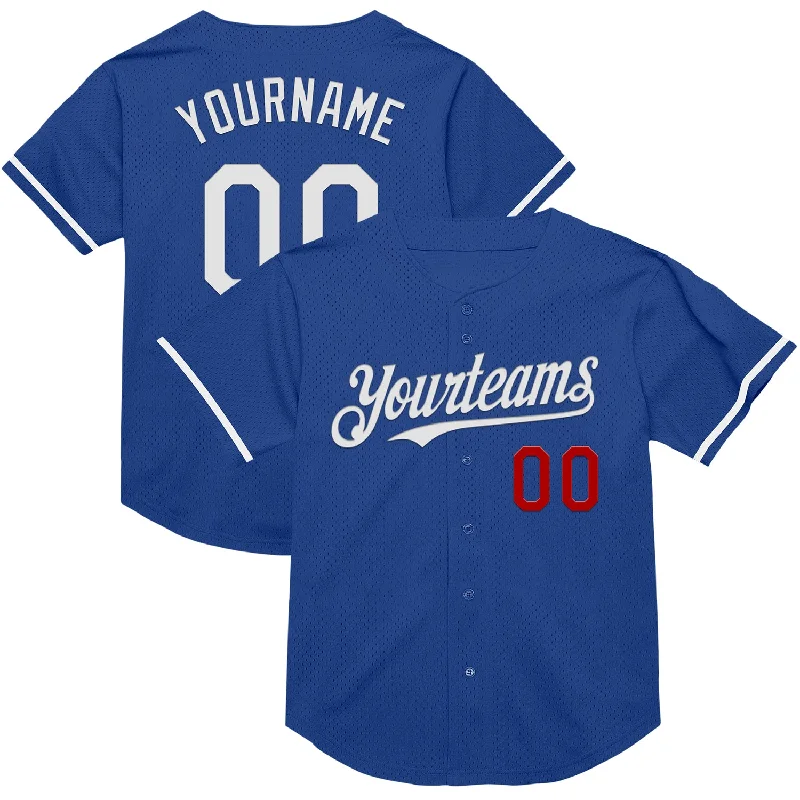 Baseball Jersey with Breathable Mesh for Ventilation-Custom Royal White-Red Mesh Authentic Throwback Baseball Jersey