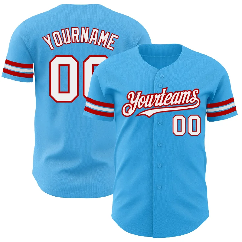 Baseball Jersey with Reinforced Stitching for Durability-Custom Sky Blue White-Red Authentic Baseball Jersey