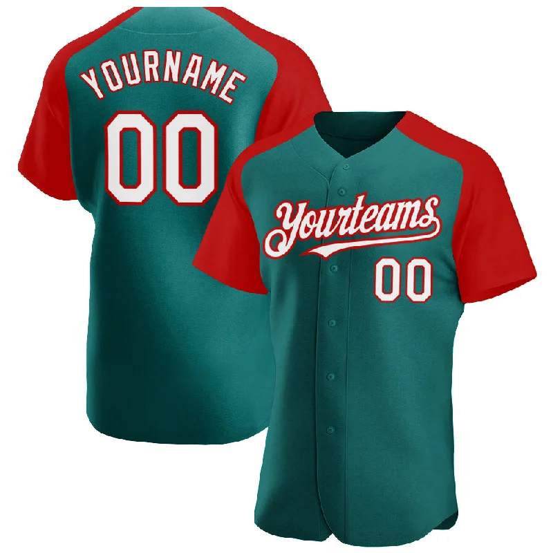 Baseball Jersey for Quick-Drying and Comfortable Play-Custom Teal White-Red Authentic Raglan Sleeves Baseball Jersey