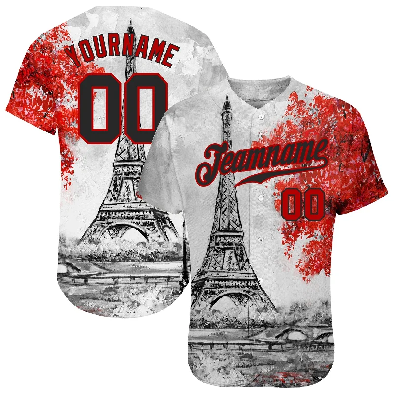 Baseball Jersey for Custom Team Designs-Custom White Black-Red 3D Pattern Design Eiffel Tower Authentic Baseball Jersey