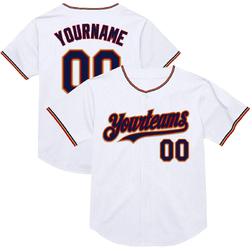 Baseball Jersey for Youth and Adult Players-Custom White Navy Red-Old Gold Mesh Authentic Throwback Baseball Jersey