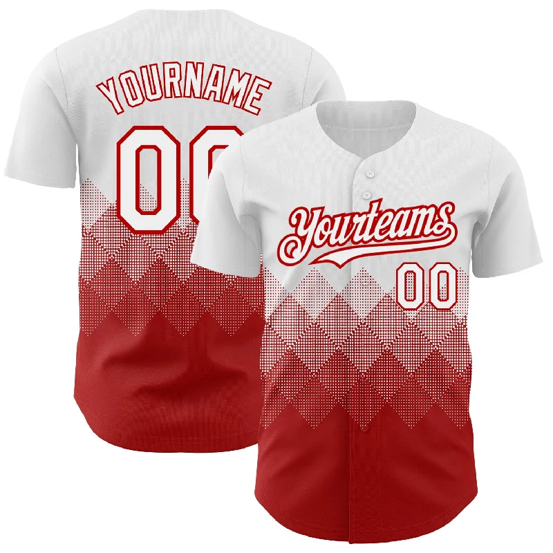 Baseball Jersey for Easy Movement-Custom White Red 3D Pattern Design Gradient Square Shapes Authentic Baseball Jersey