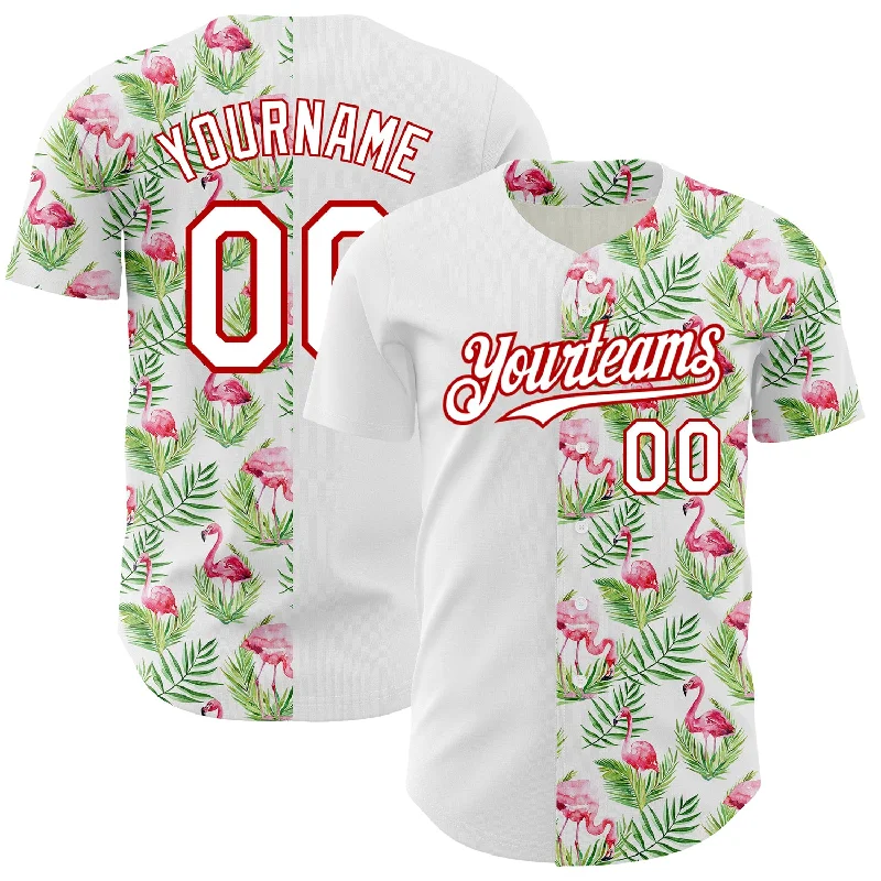 Baseball Jersey for Enhanced Speed and Agility-Custom White Red 3D Pattern Design Tropical Hawaii Palm Leaves And Flamingo Authentic Baseball Jersey